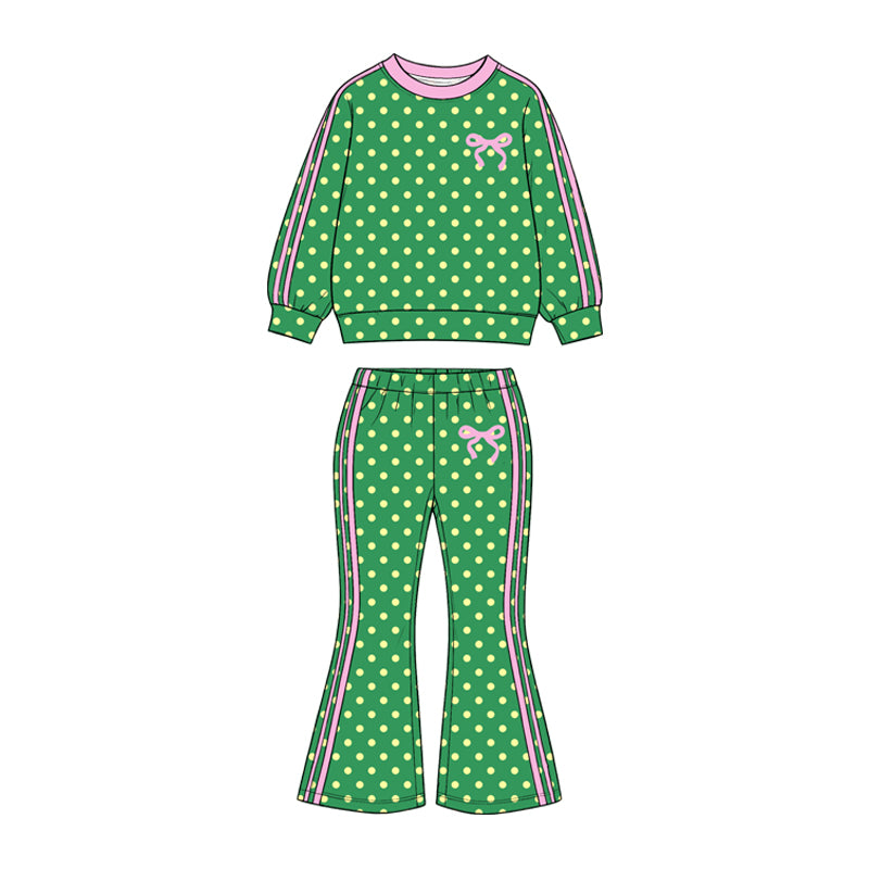 (Preorder new) No moq GLP3912 Baby Girls Green Polka Dots Bow Top Bell Bottom Pant Set