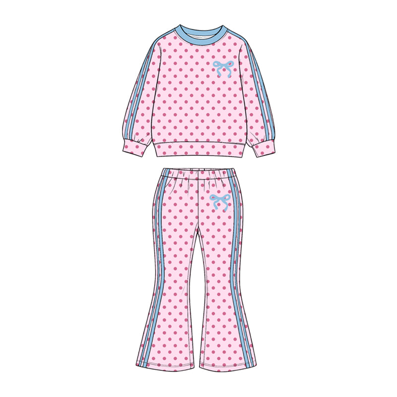 (Preorder new) No moq GLP3913 Baby Girls Light Pink Polka Dots Bow Top Bell Bottom Pant Set