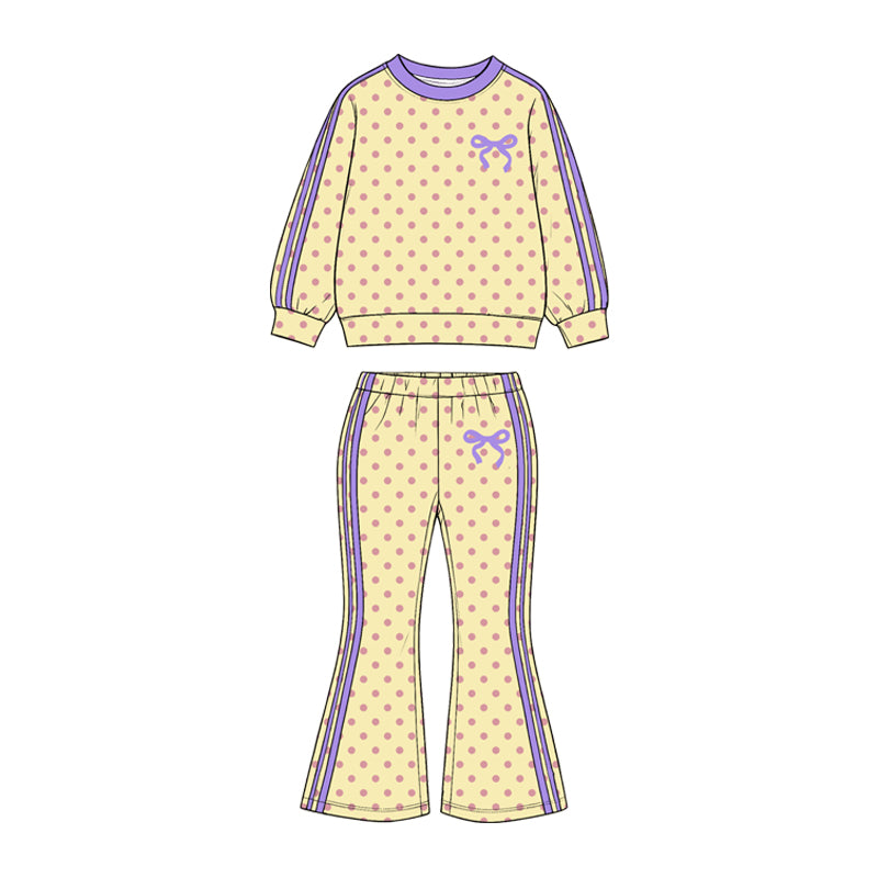 (Preorder new) No moq GLP3914 Baby Girls Cream Yellow Polka Dots Bow Top Bell Bottom Pant Set