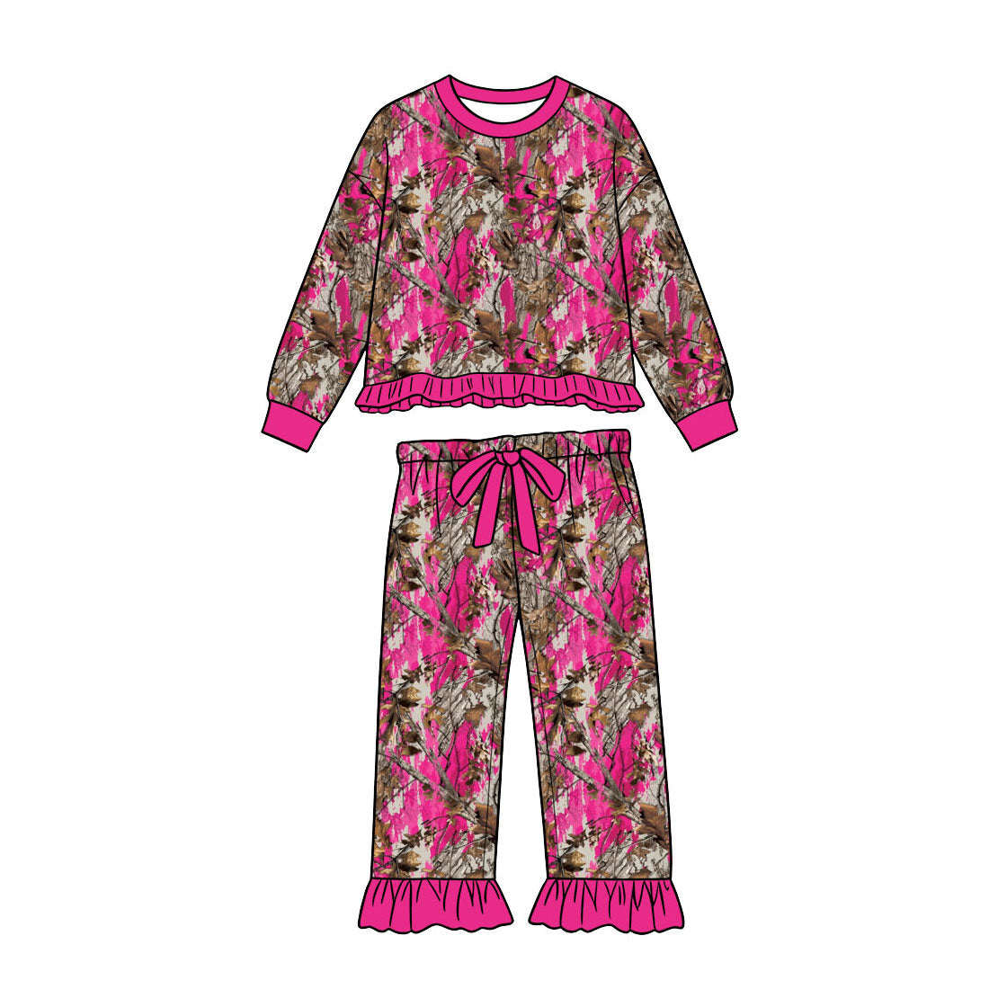 (Preorder new) No moq GLP3915 Baby Girls Pink Leaves Camo Top Ruffle Bow Pant Set