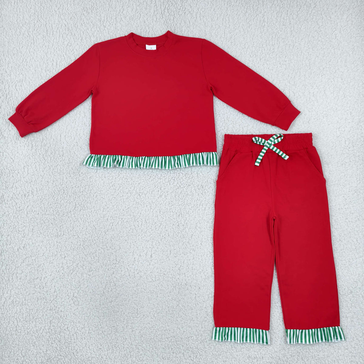 RTS NO MOQ Sibling cotton Baby Girls Christmas Red Long Sleeve Top Green White Stripe Ruffle Bow Shorts Pant Clothes Set