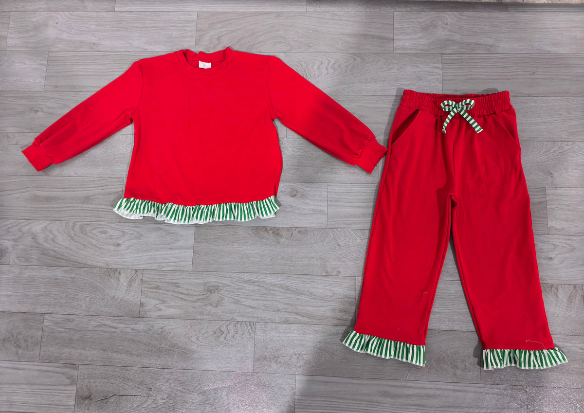 (Sample) No moq cotton GLP3916（GT1935+P1153）Baby Girls Red Long Sleeve Scallop Tunic Ruffle Pant Set