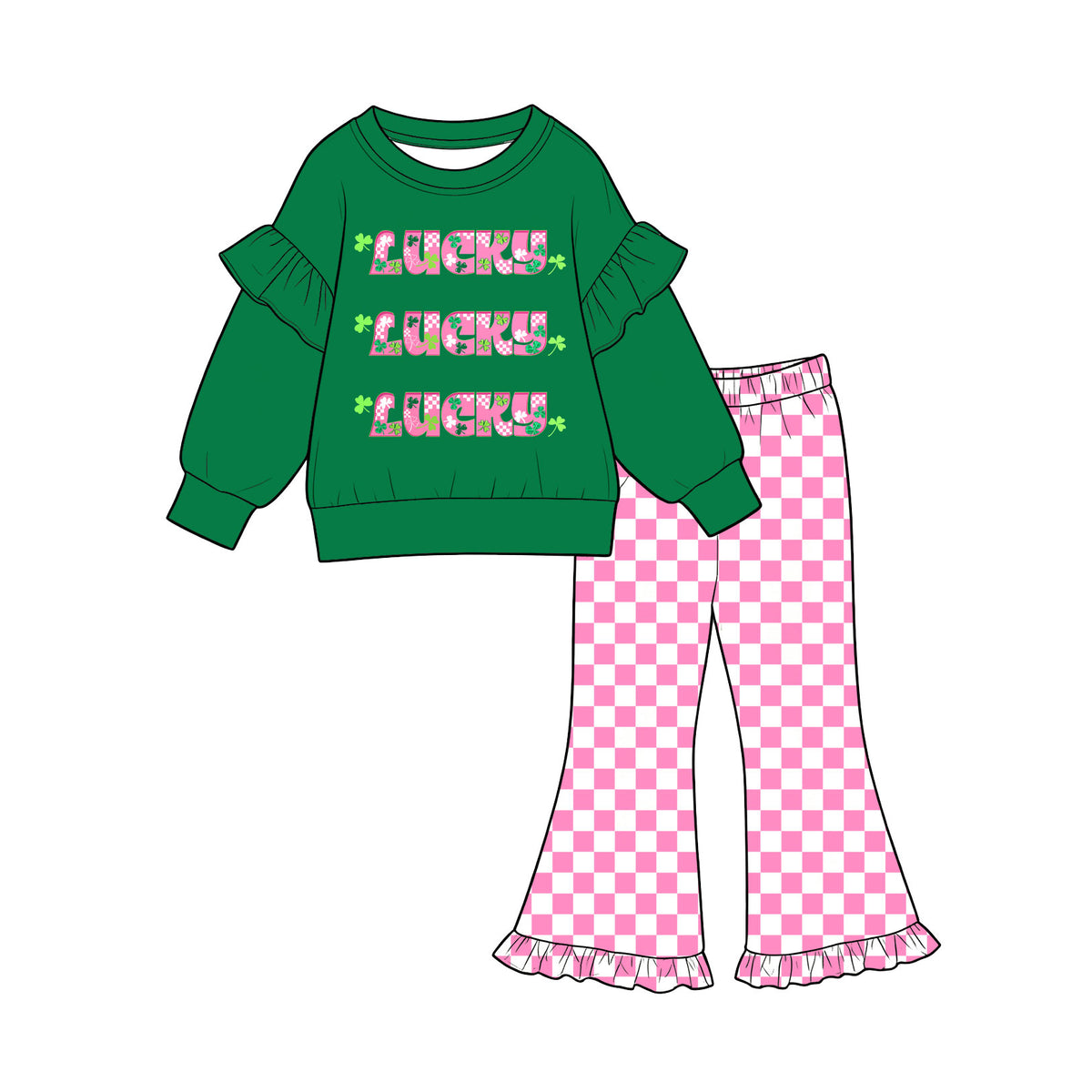 (Preorder new) No moq Baby Girls St Patricks Lucky Letter Ruffle Top And Pink Check Bell Bottom Set Baby Green Ruffle Rompers
