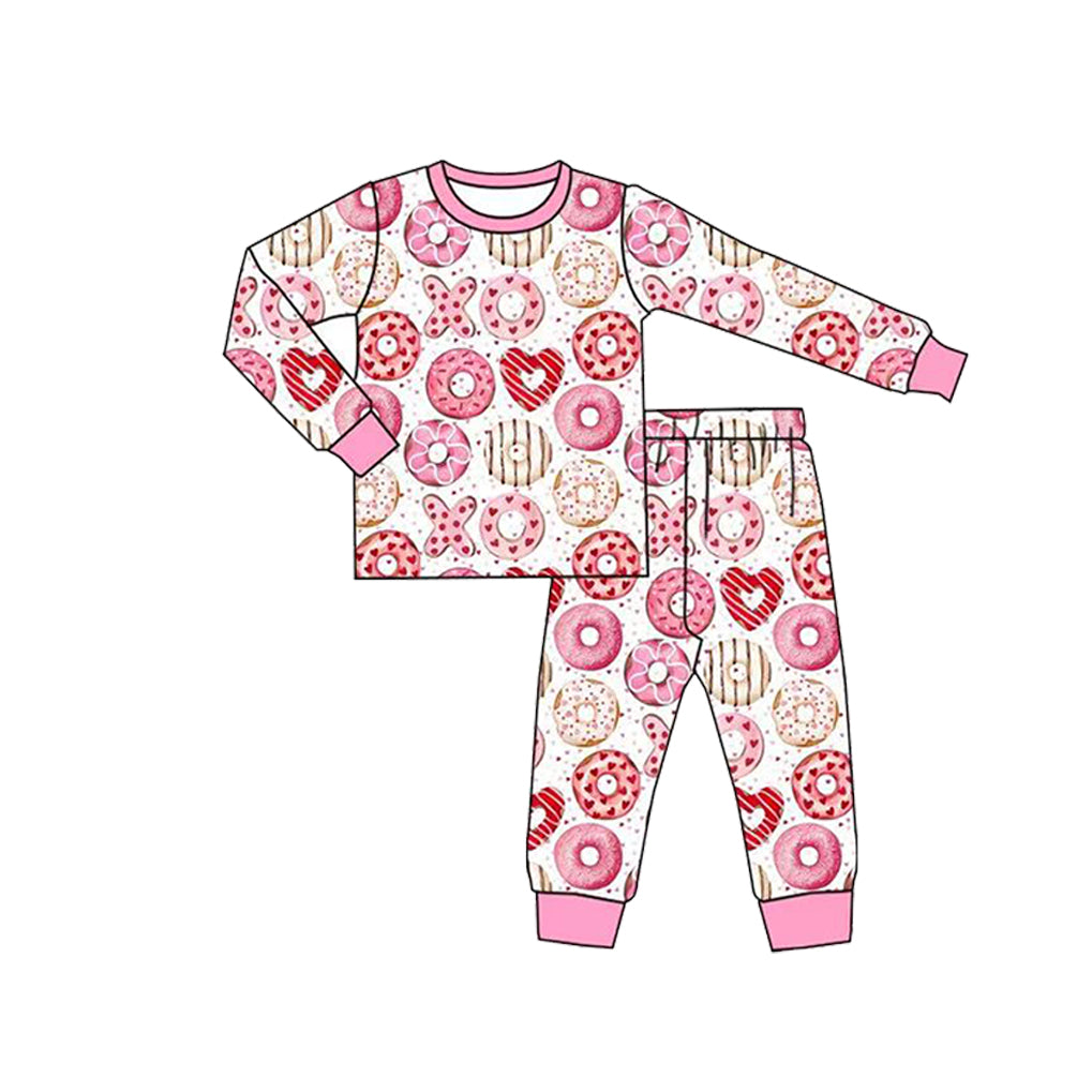 (Preorder new) No moq Baby Girls Pink Donut Heart Print Bamboo Pajama Set And Zipper Romper Valentines Outfit