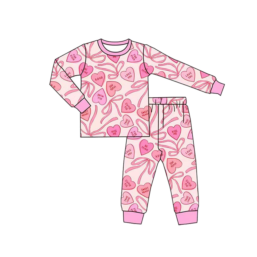 (Preorder new) No moq Baby Girls Pink Heart Bow Print Bamboo Pajama Set And Zipper Romper Valentines Outfit