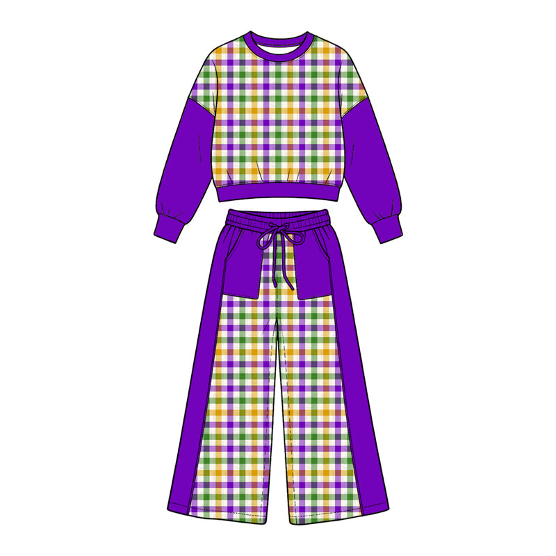 (Preorder new) No moq GLP3921 Baby Girls Checked Long Sleeve Top Pockets Flare Pant Clothes Set