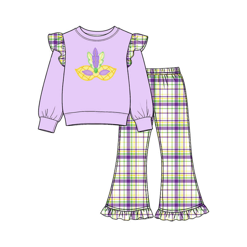 (Preorder new) No moq Baby Girls Purple Print Ruffle Sleeve Top and Plaid Flare Pants Set Ruffle Long Sleeve Romper