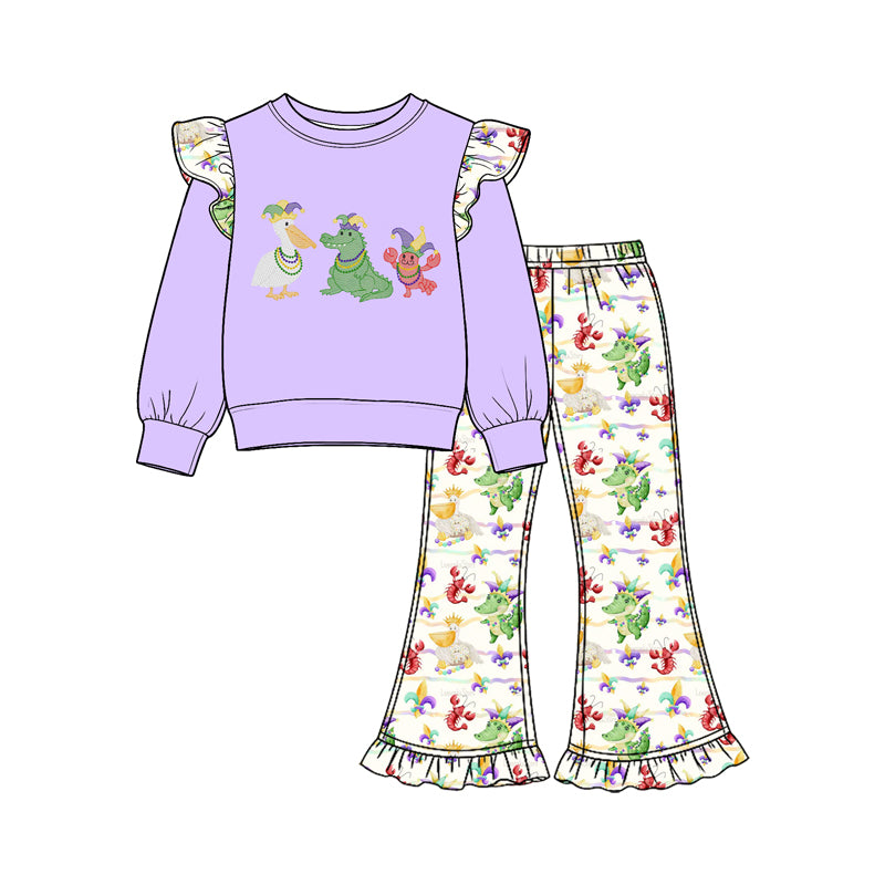 (Preorder new) No moq Baby Girls Purple Print Ruffle Sleeve Top and Flare Pants Set Ruffle Long Sleeve Romper