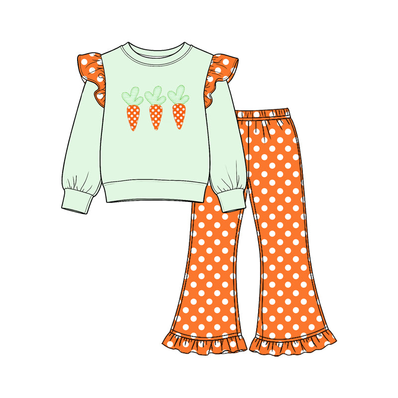 (Preorder new) No moq Baby Girls Mint Green Carrot Print Ruffle Top and Orange Polka Dot Flare Pants Set Ruffle Sleeve Romper