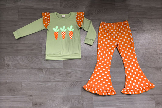 (Sample) No moq milk silk GLP3924 Embroidery Baby Girls Light Green Easter Carrot Embroidery Ruffle Top Orange Polka Dot Flare Pant Set