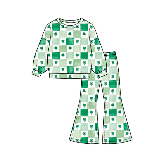 (Preorder new) No moq GLP3925 Baby Girls Green Checked Top Bell Bottom Pant Set