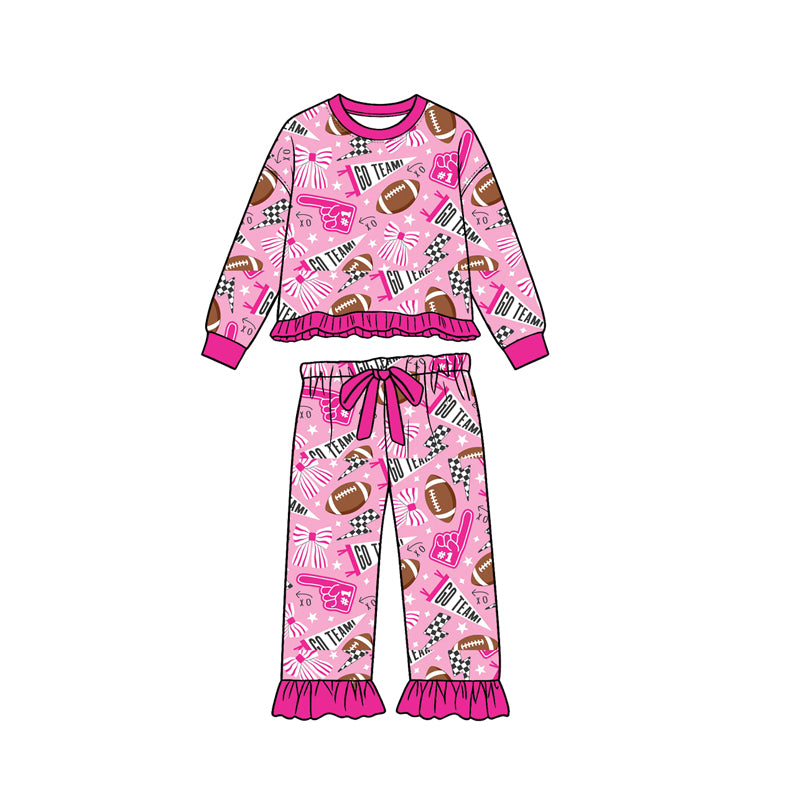 (Preorder new) No moq GLP3926 Baby Girls Pink Bows Footballs Top Ruffle Pant Team Clothes Set