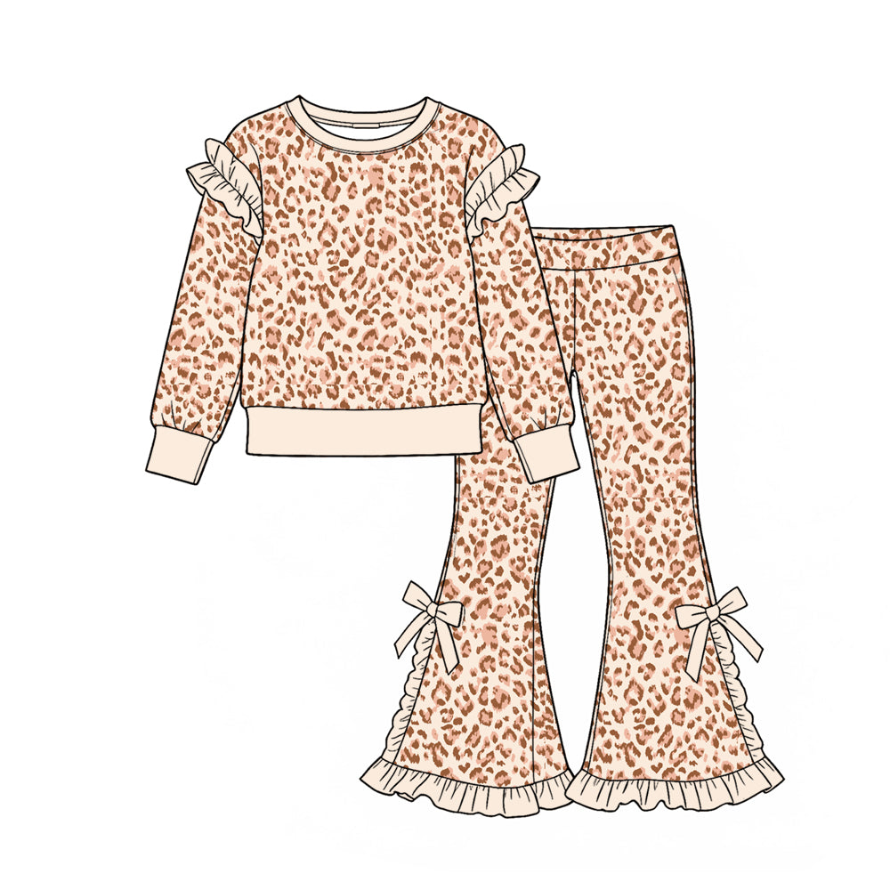 (Preorder new) No moq Baby Girls Ruffle Long Sleeve Top and Bow Flare Pants Set