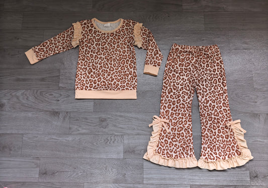 (Sample) No moq milk silk GLP3927 Baby Girls Leopard Top Ruffle Hem Flare Pant Matching Outfit