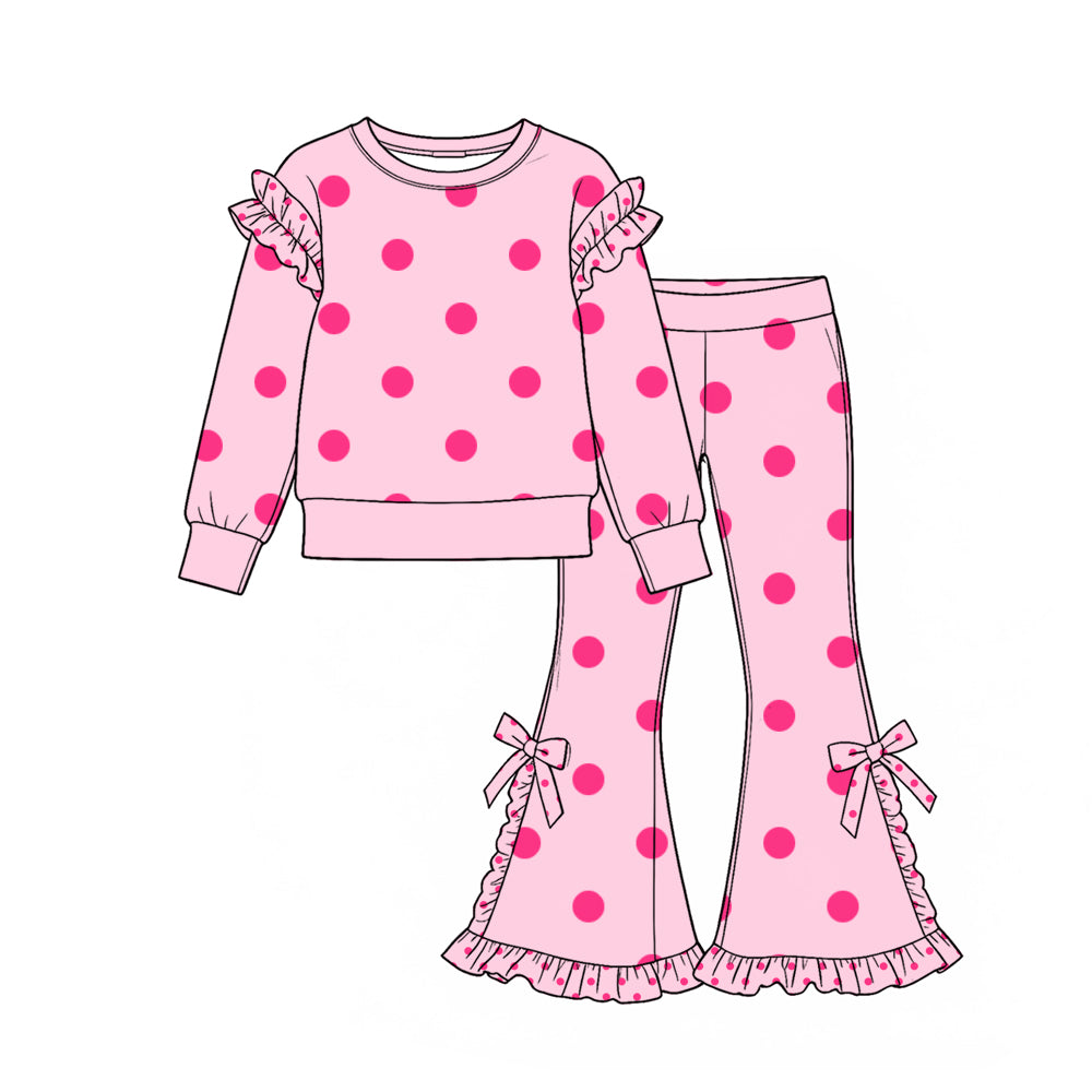 (Preorder new) No moq Baby Girls Ruffle Long Sleeve Top and Bow Flare Pants Set