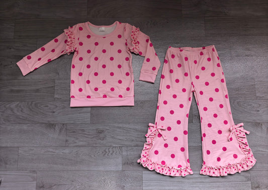 (Sample) No moq milk silk GLP3928 Baby Girls Pink Polka Dots Top Ruffle Hem Flare Pant Matching Outfit