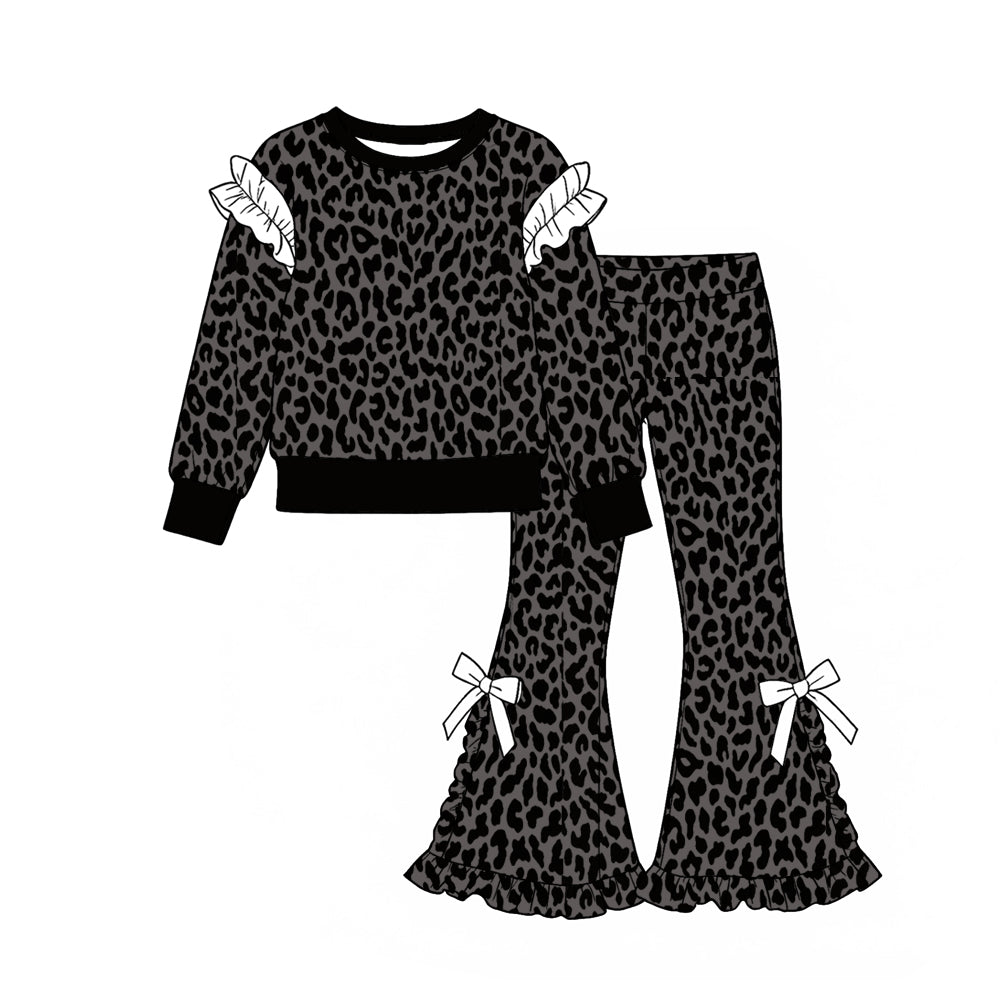 (Preorder new) No moq Baby Girls Ruffle Long Sleeve Top and Bow Flare Pants Set