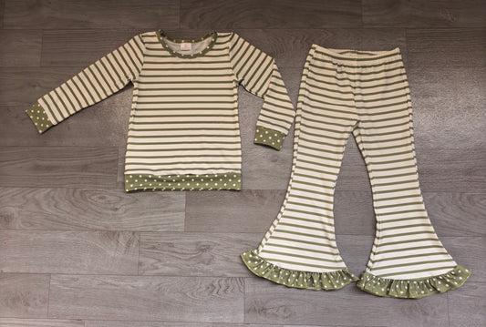 (Sample) No moq milk silk GLP3931 Baby Girls Green Stripe Long Sleeve Top Ruffle Flare Bell Bottom Pant Daily Wear Set