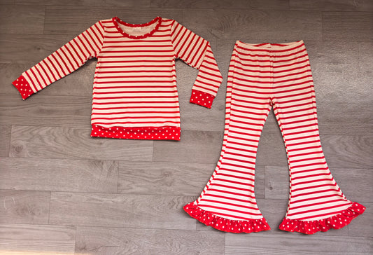 (Sample) No moq milk silk GLP3932 Baby Girls Red Stripe Long Sleeve Top Ruffle Flare Bell Bottom Pant Daily Wear Set
