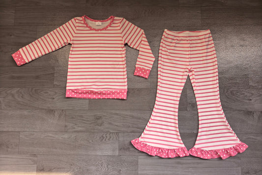 (Sample) No moq milk silk GLP3934 Baby Girls Pink Stripe Long Sleeve Top Ruffle Flare Bell Bottom Pant Daily Wear Set