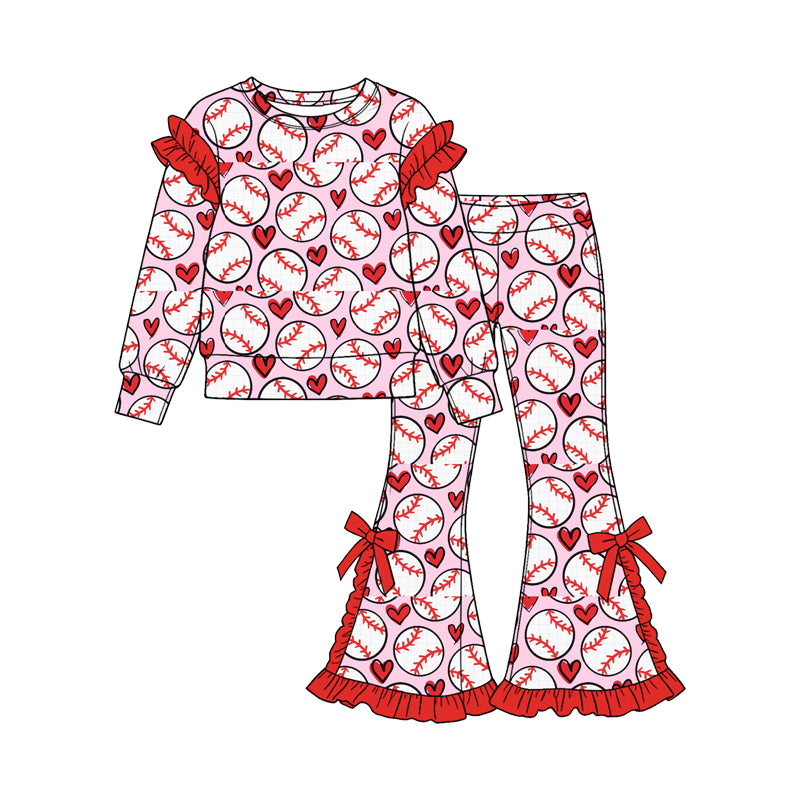 (Preorder new) No moq Baby Girls Baseball Heart Print Hoodie Flare Pant Ruffle Top Skirted Long Sleeve Set