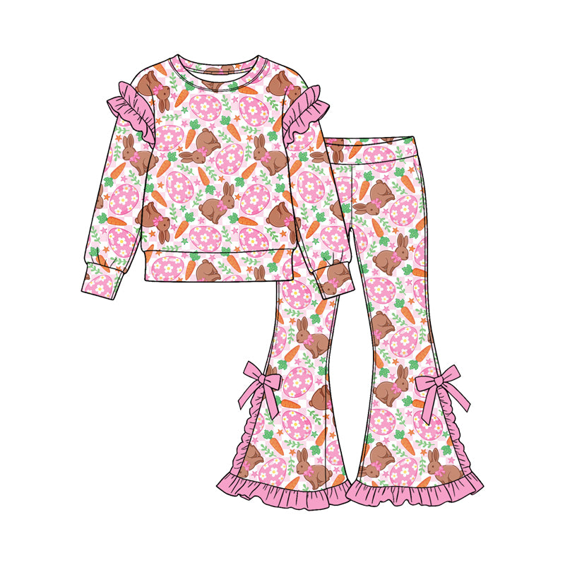(Preorder new) No moq Baby Girls Easter Bunny Carrot Floral Print Outfit Hoodie Flare Pant Ruffle Top Skirt Long Sleeve Set