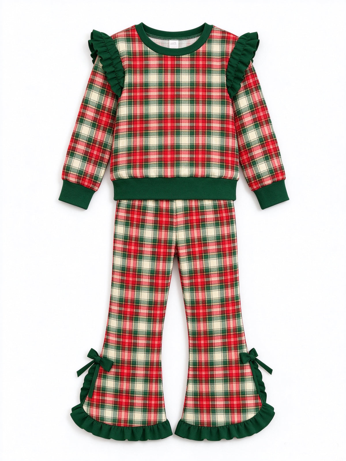 (Preorder new) No moq Toddler Girls Christmas Plaid Santa Print Ruffle Long Sleeve Flare Pant Sets