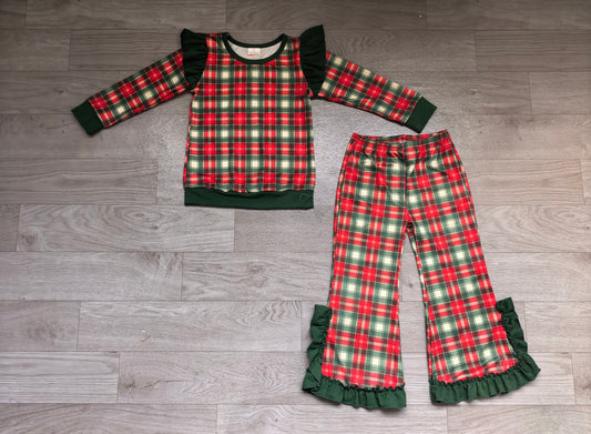 (Sample) No moq milk silk GLP3941 Baby Girls Red Green Checked Long Sleeve Top Bell Bottom Pant Set