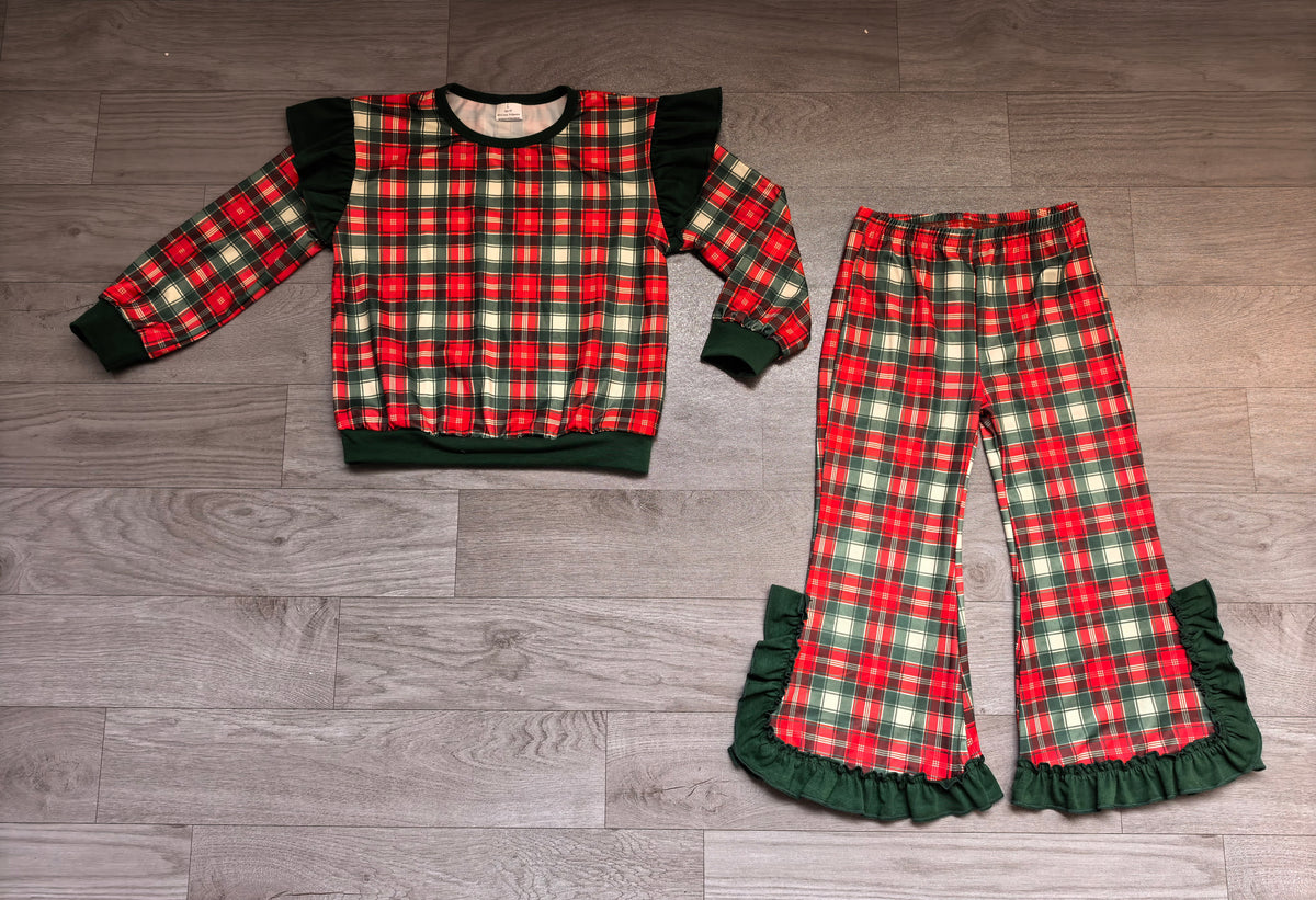 (Sample) No moq milk silk GLP3941 Baby Girls Red Green Checked Long Sleeve Top Bell Bottom Pant Set