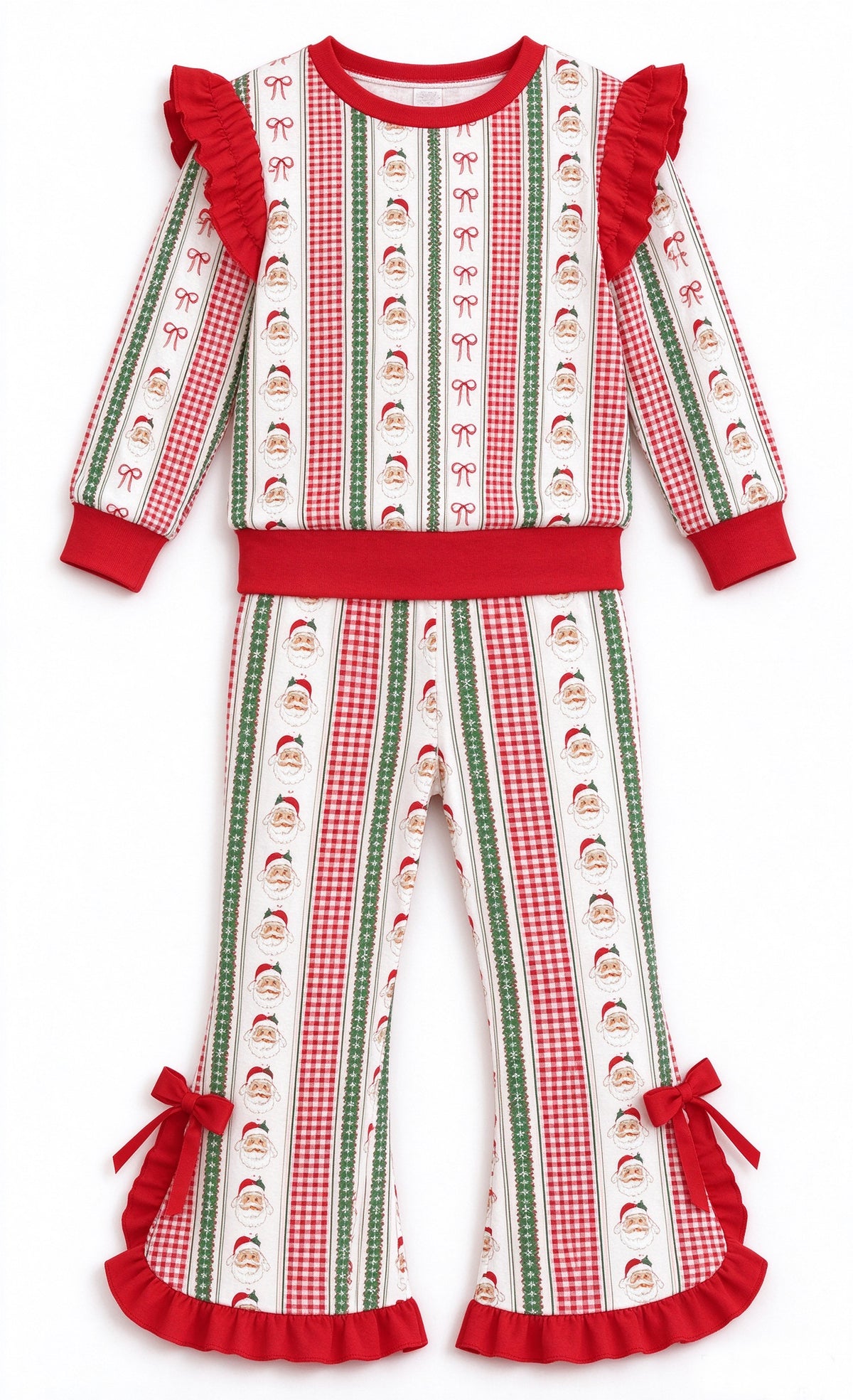 (Preorder new) No moq Toddler Girls Christmas Plaid Santa Print Ruffle Long Sleeve Flare Pant Sets