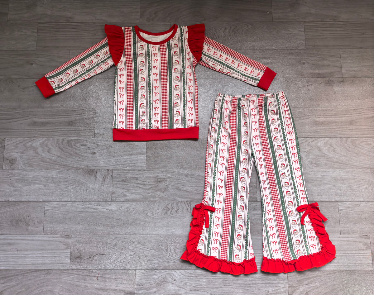 (Sample) No moq milk silk GLP3942 Baby Girls Santa Bows Striped Top With Ruffle Bell Bottom Pant Christmas Casual Clothes Set