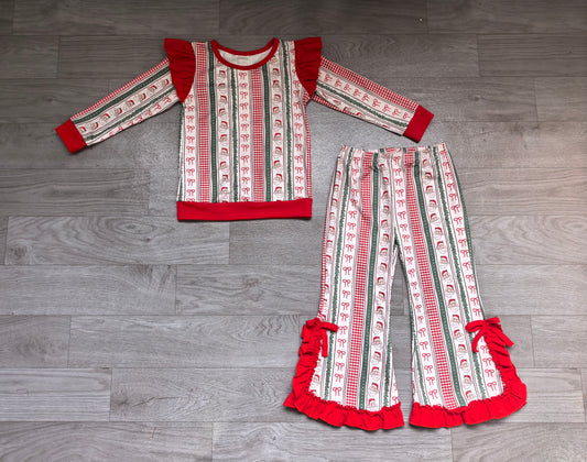 (Sample) No moq milk silk GLP3942 Baby Girls Santa Bows Striped Top With Ruffle Bell Bottom Pant Christmas Casual Clothes Set