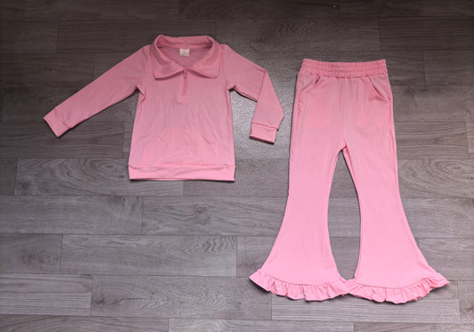 (Sample) No moq cotton GLP3947 Baby Girls Solid Pink Quarter Zip Pullover And Ruffle Flare Pant Two Piece Outfit