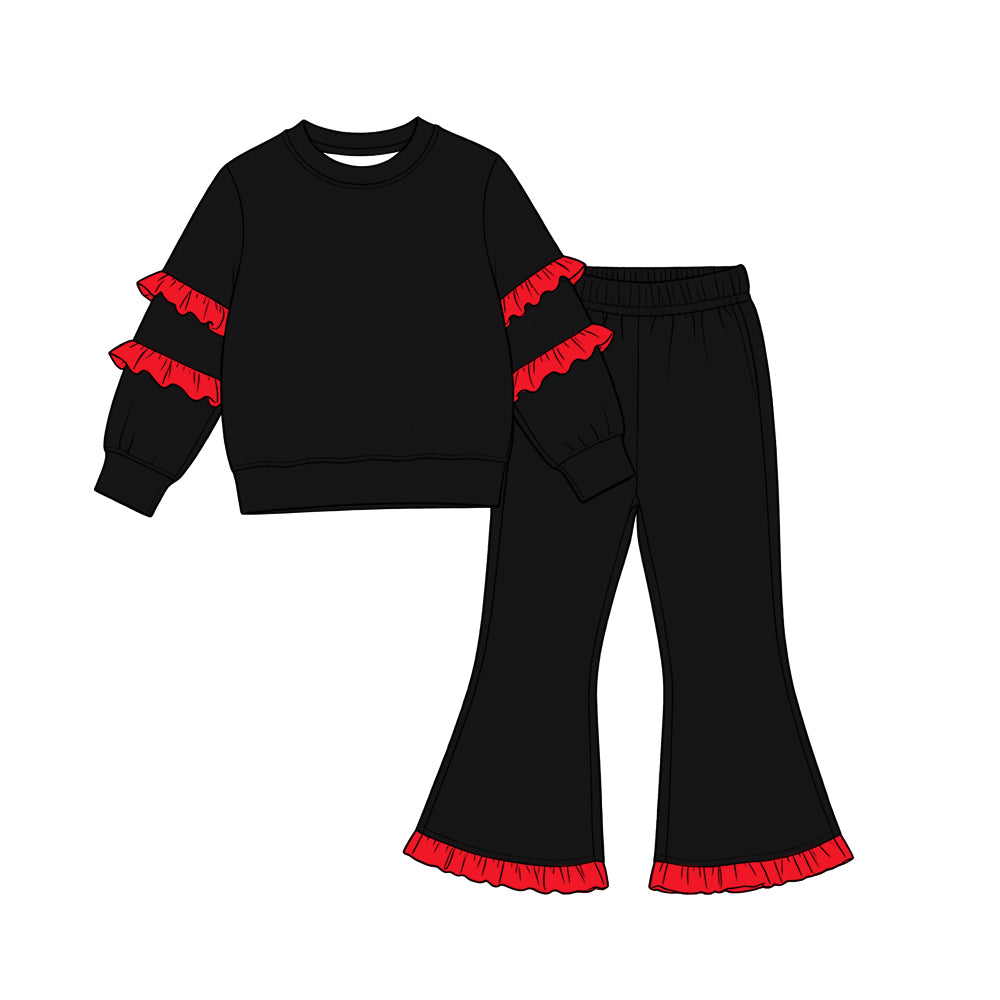 (Preorder new) No moq Baby Girls Solid Color Ruffle Sleeve Sweatshirt And Flare Pant Outfit Set
