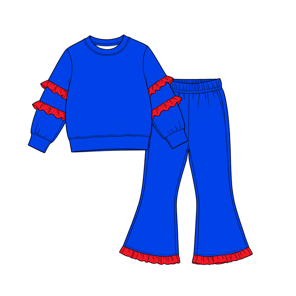 (Preorder new) No moq Baby Girls Solid Color Ruffle Sleeve Sweatshirt And Flare Pant Outfit Set