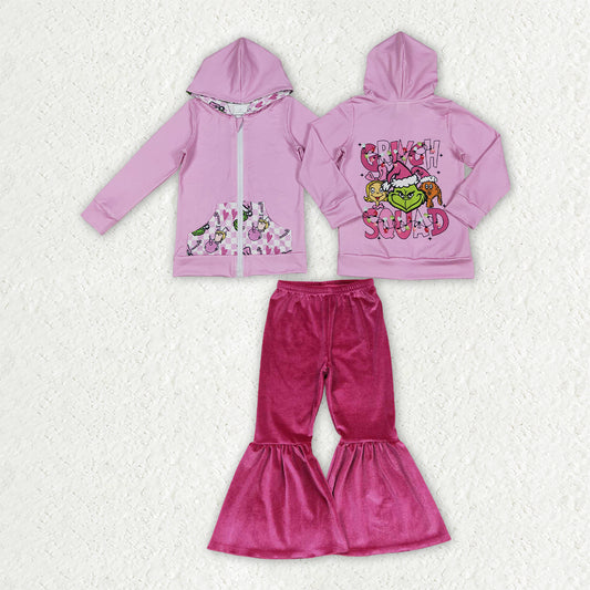 NEW RTS NO MOQ milk silk GLP3953（GT1142+P0224）Baby Girls Christmas Zip Pocket Hoodie Jacket Velvet Bell Bottom Pant Set