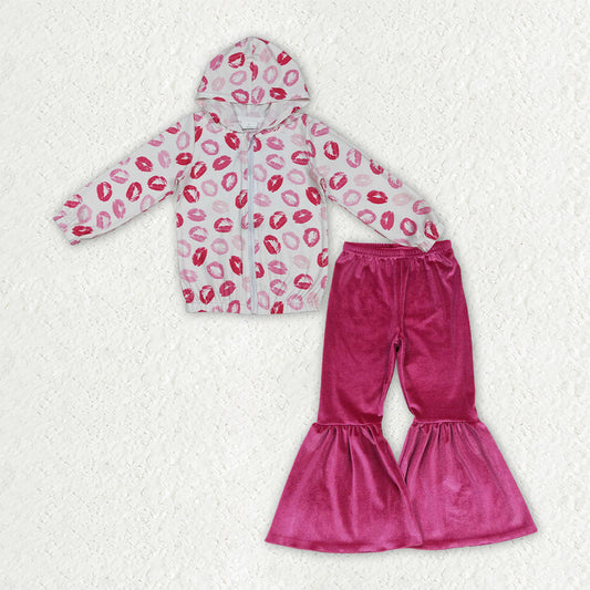 NEW RTS NO MOQ milk silk GLP3954（GT1420+P0224）Baby Girls Zip Pockets Hoodie Jacket Velvet Bell Bottom Pant Valentines Set