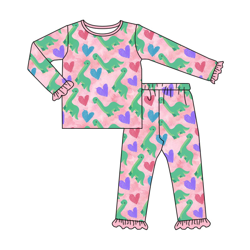 (Preorder new) No moq Baby Girls Pink Heart Print Bamboo Pajama Set Ruffle Half Zip Sleepwear Minky Blanket