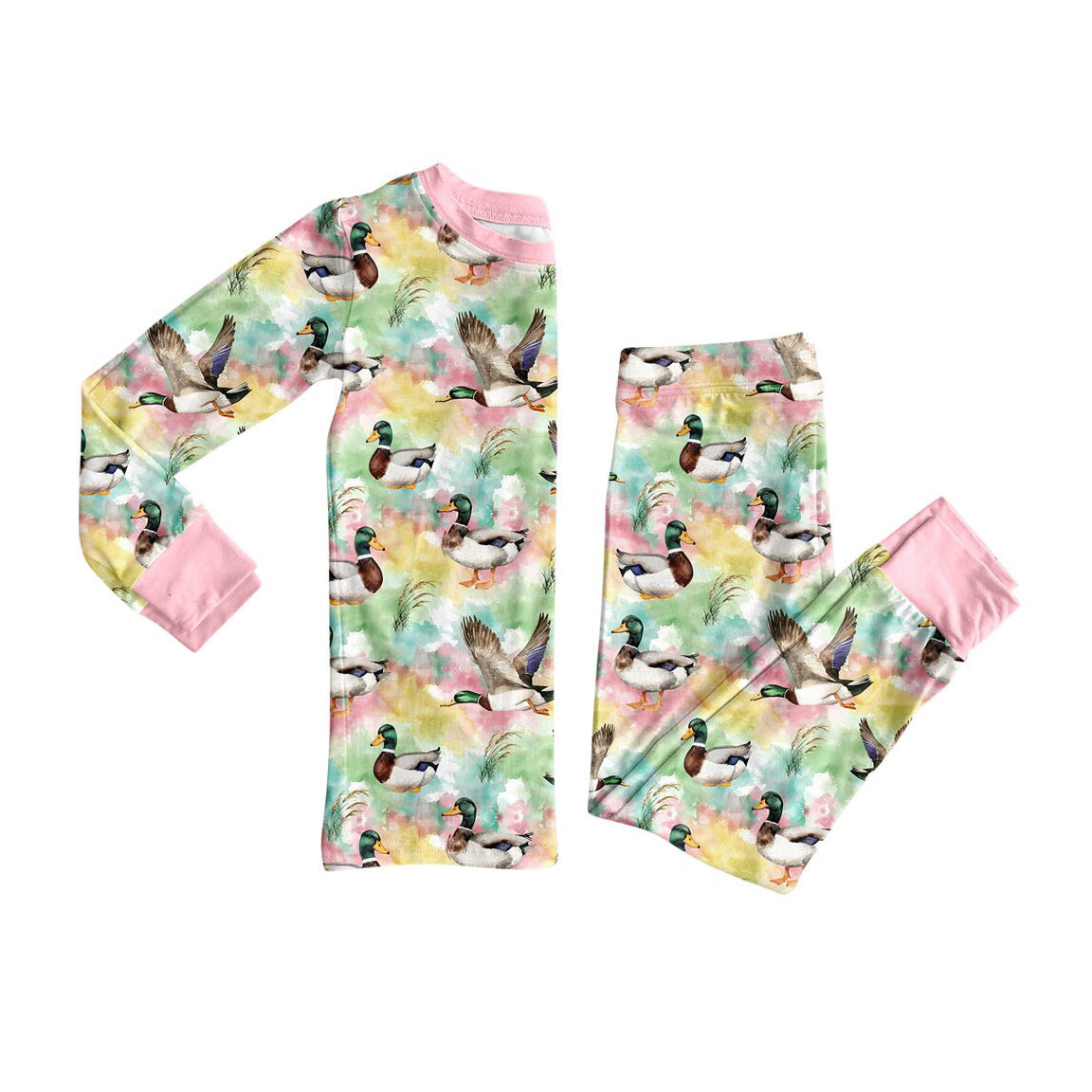 (Preorder new) No moq Baby Girls Watercolor Mallard Duck Print Bamboo Pajama Set Zipper Romper Long Sleeve Sleepwear
