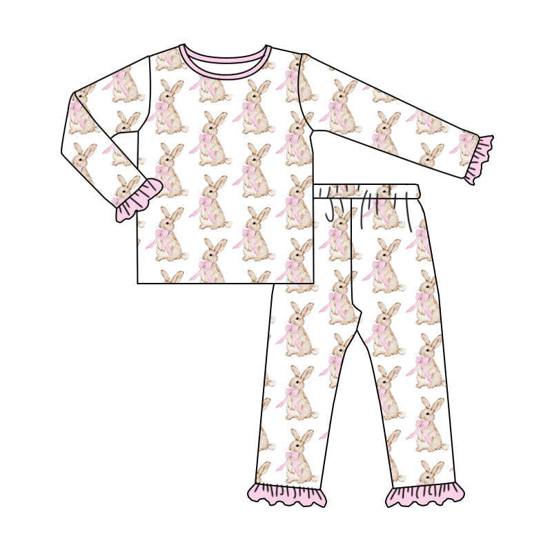 (Preorder new) No moq Baby Girls Pink Bunny Print Bamboo Pajama Set Ruffle Half Zip Sleepwear Minky Blanket