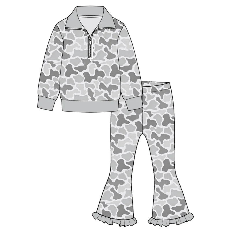 (Preorder new) No moq Baby Girls Half Zip Collar Top And Ruffle Hem Flare Pant Set
