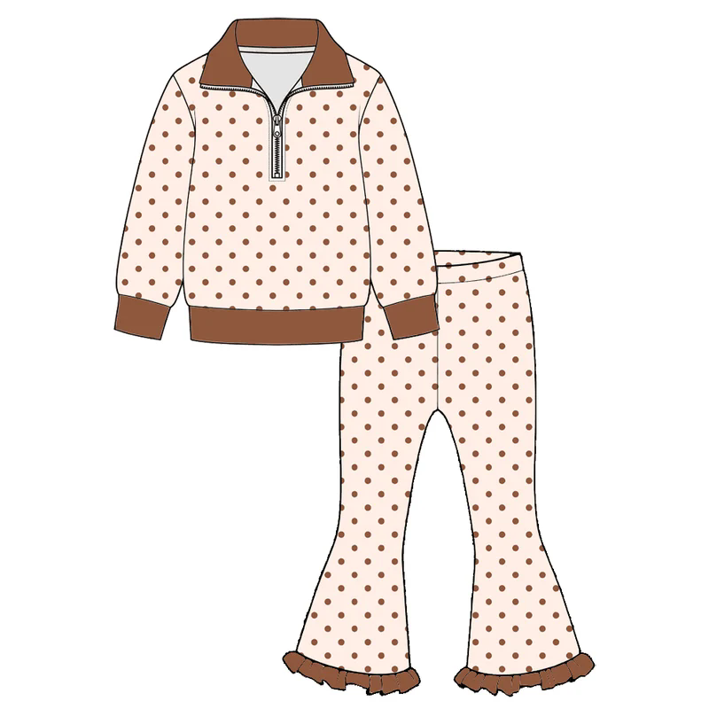 (Preorder new) No moq Baby Girls Half Zip Collar Top And Ruffle Hem Flare Pant Set