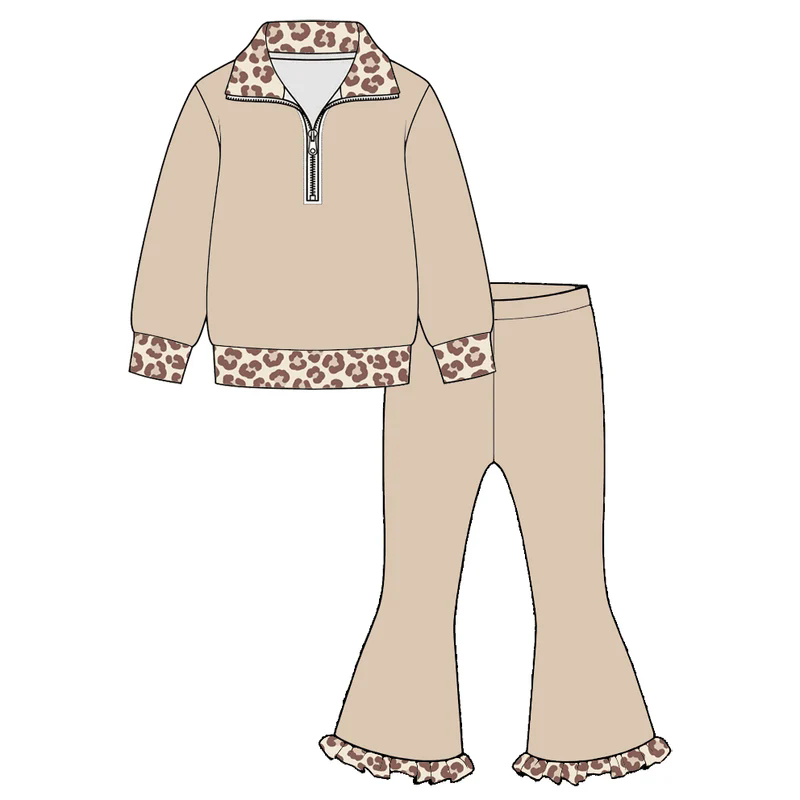 (Preorder new) No moq Baby Girls Half Zip Collar Top And Ruffle Hem Flare Pant Set