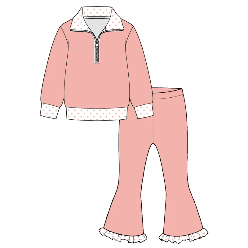 (Preorder new) No moq Baby Girls Half Zip Collar Top And Ruffle Hem Flare Pant Set