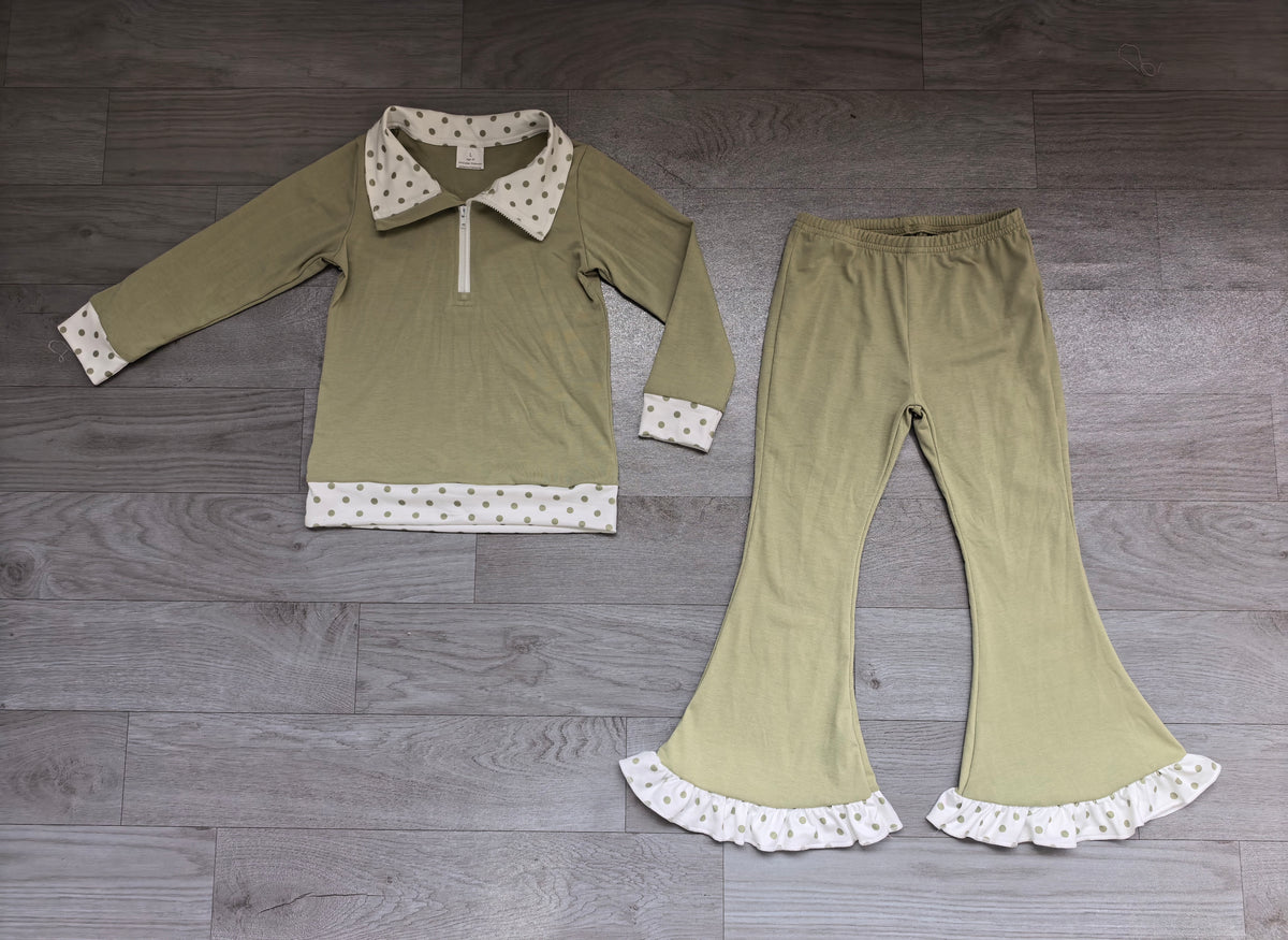 (Sample) No moq milk silk GLP3962 Baby Girls Green Half Zip Collar Long Sleeve Top Ruffle Flare Pant Clothes Set