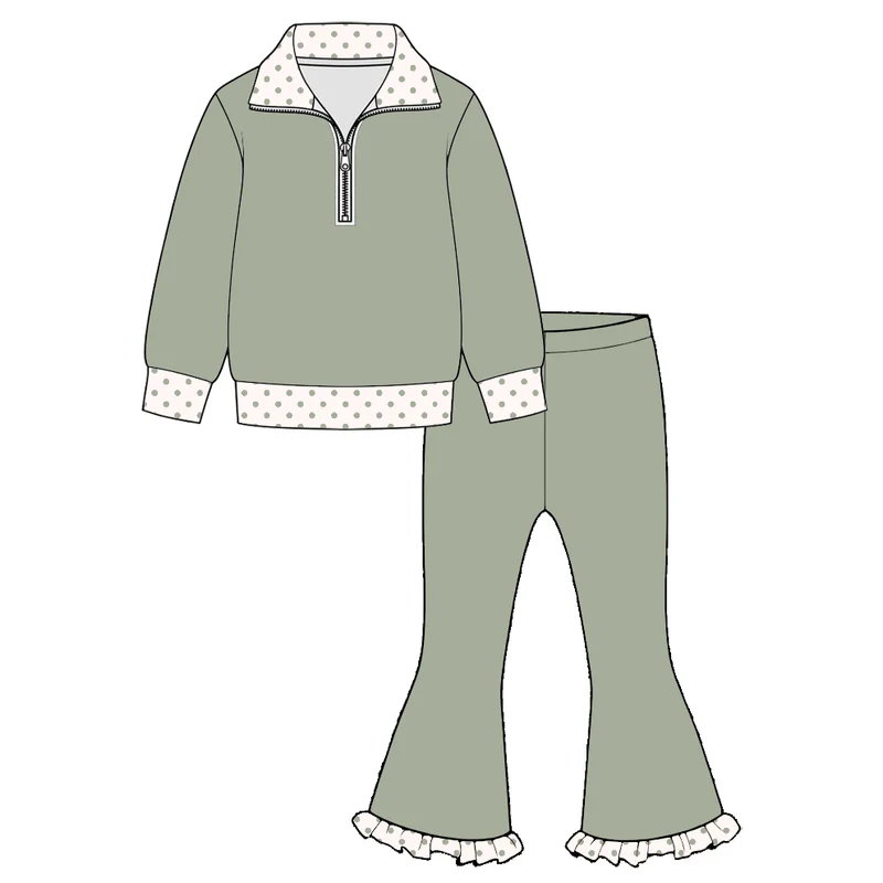 (Preorder new) No moq Baby Girls Half Zip Collar Top And Ruffle Hem Flare Pant Set