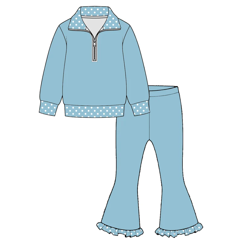 (Preorder new) No moq Baby Girls Half Zip Collar Top And Ruffle Hem Flare Pant Set