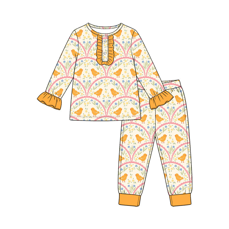 (Preorder new) No moq Baby Girls Easter Chick Rainbow Print Long Sleeve Top Pants Jumpsuit Outfit Set