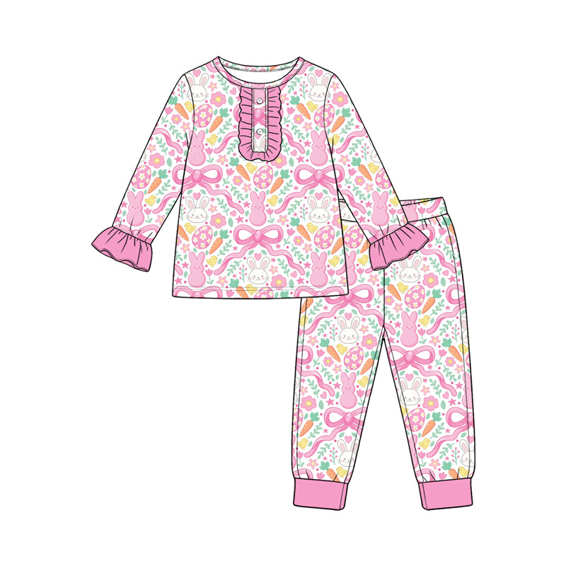 (Preorder new) No moq Baby Girls Pink Easter Bunny Bow Floral Print Long Sleeve Top Pants Jumpsuit Outfit Set
