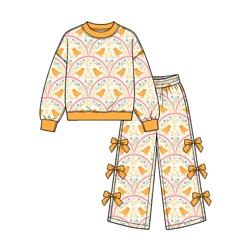 (Preorder new) No moq Baby Girls Easter Chick Rainbow Print Long Sleeve Top Pants Jumpsuit Outfit Set